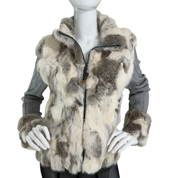 Essenza Y2K Real Lapin Fur Jacket Rabbit Fur Trim Zip Sweater Cardigan Size M - Picture 7 of 16